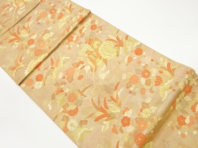 引箔御所車に檜扇・花々模様織出し袋帯